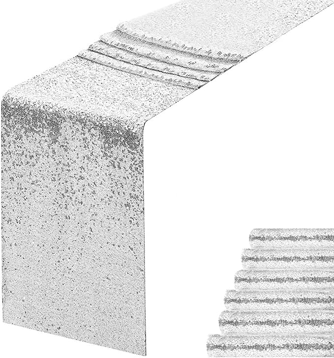 Silver Sequin Table Runner 6 Pack, 12x72 Inch Glitter Table Runner by WISPET