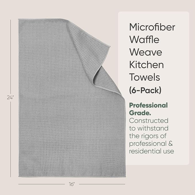 Kitchen Towels - Microfiber Waffle Weave Towels | Absorbent, No Lint, Thick, Reusable, Commercial, Soft, Hand, Tea, Glass, Bar, Sublimation Blank, Polyester Cloths (Gray, 16 x 24 (6 Pack)) - Image 2