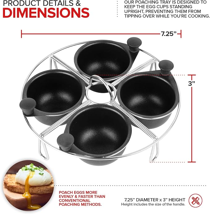 Modern Innovations Stainless Steel 4-Cup Egg Poacher Tray - Complimentary Silicone Mitt - Egg Poacher Insert for Poaching Eggs & Eggs Benedict - Poached Egg Maker Compatible with Most Pans - Image 3