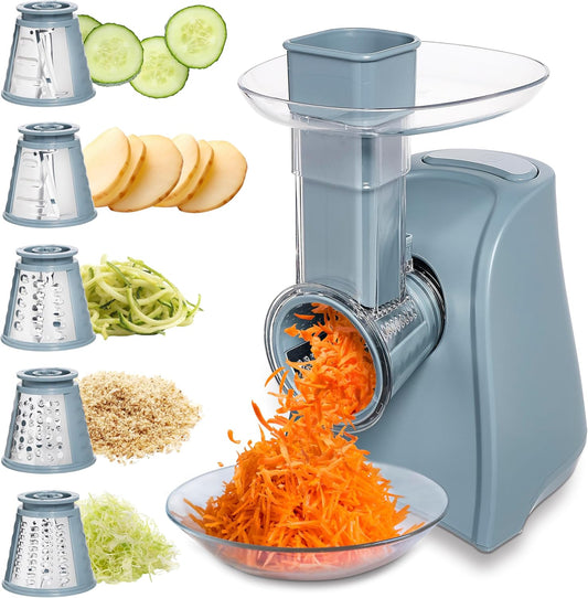 COOK WITH COLOR 5-in-1 Electric Slicer, 150W Food Prep Machine – Parmesan Shredder, Fine & Coarse Graters, Potato Grater, Vegetable Slicer, Compact Design for Bowl Prep, Blue/Grey