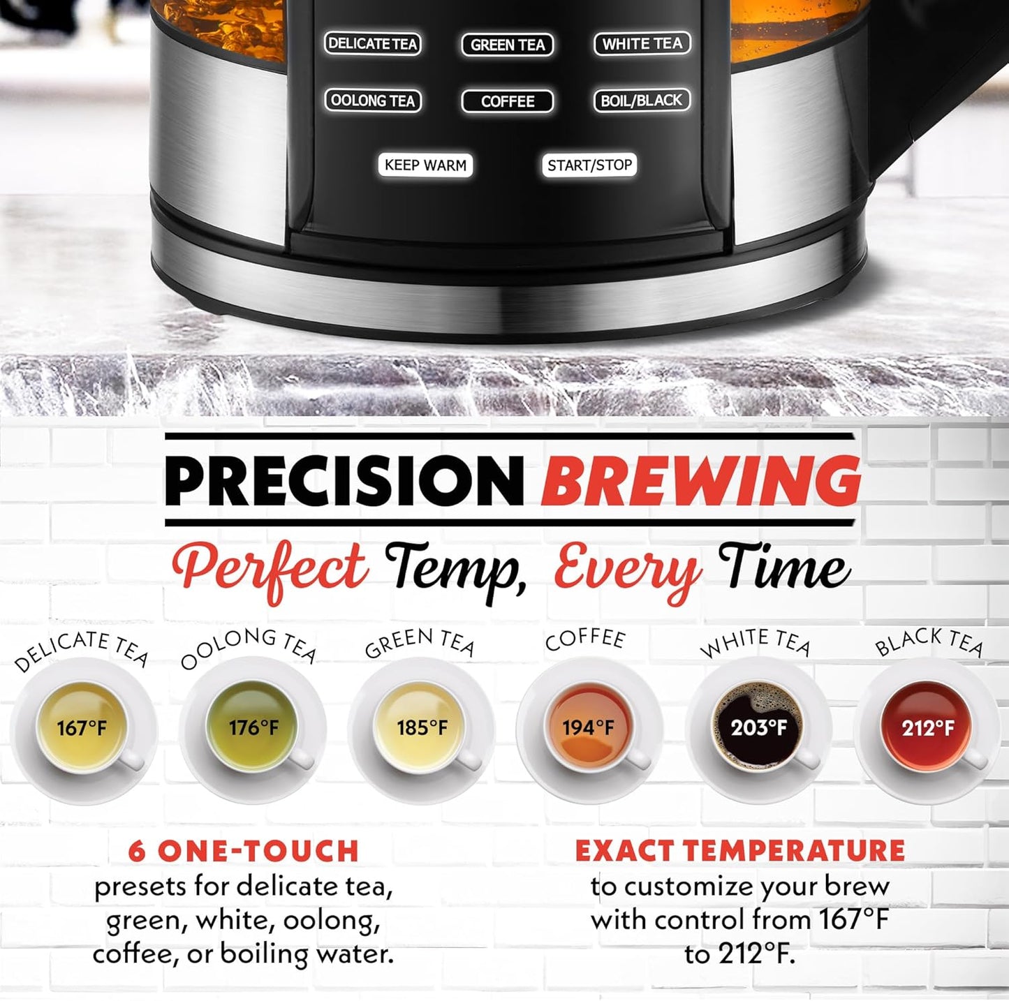 Gourmia Electric Programmable Glass Kettle – 1.7L Temperature Control Tea & Coffee Kettle with Digital Touch Display, 6 Presets, Keep Warm, Removable Stainless Steel Infuser, 360° Swivel Base – Red