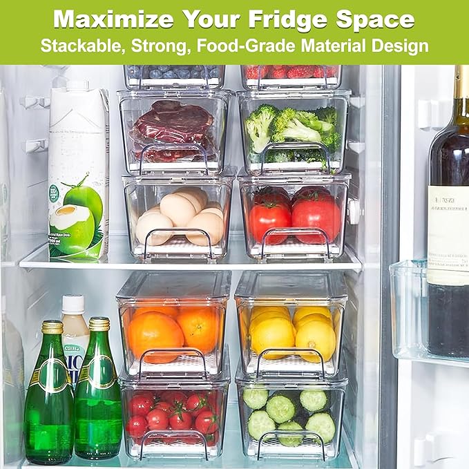 Pull Out Fridge Organizer Drawer, 2-Pack Refrigerator Drawer Organizer | Stackable Refrigerator Storage Bins with Drain Tray and Lid, Fruit and Vegetable Containers for Fridge, Keep Food Fresh - Image 4