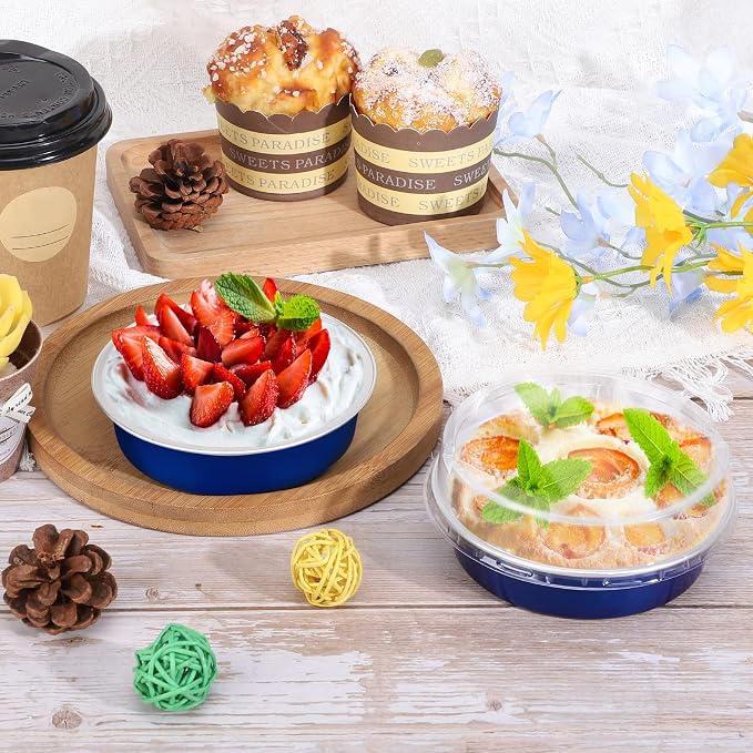Beasea Mini Tart Pan 20 Pack with Lids, 4 Inch 8oz Jewelry Blue Disposable Aluminum Baking Foil Tins Small Round Container for Individual Dessert Cupcake Muffin Cheesecake Ramekins Quiche Oven Dishes - Image 4