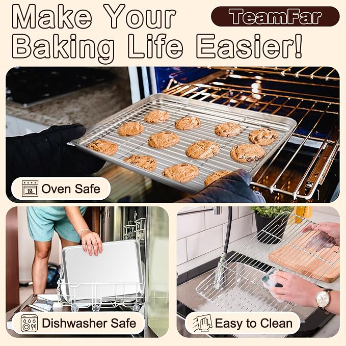 TeamFar Baking Sheet with Rack Set, 3 Pans + 3 Racks, 17.6/12.5/10.5 Inch | Stainless Steel Cookie Sheets Baking Pans Trays and Cooling Racks for Cooking, Non-Toxic & Heavy Duty, Dishwasher Safe - Image 5