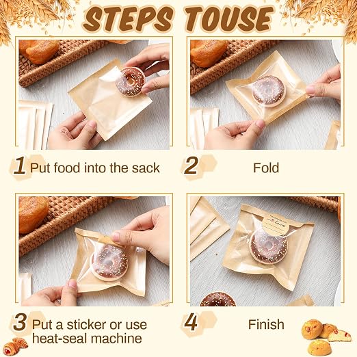 Outus 100 Pcs Cookie Packaging Bags with Seal, 3 x 3 Inch, Brown | Bakery Pastry Bags with Window, Heat Sealable Grease Resistant Paper to Go Bake Sleeves for Gift Giving Donut Bread Sandwich - Image 4