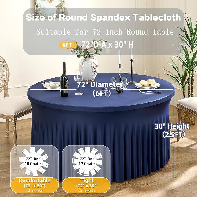 6 Pack Navy Blue Spandex Round Tablecloths for 72inch Table, Wrinkle Free 132inch Stretchy Fitted 6ft Round Table Cloths Covers with Skirt for Wedding Birthday Parties Banquet Events - Image 5