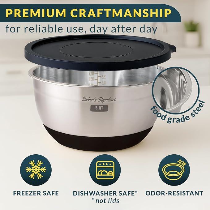 Stainless Steel Mixing Bowls with Lids Set of 5, 3 Graters, Black | Nesting Design with Airtight Covers & Non-Slip Base – Mirror Finish for Food Prep, Storage, Baking & Serving - Image 4