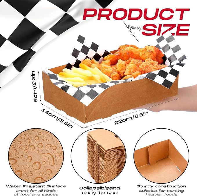 Thenshop 200 Pcs Kraft Paper Food Tray and Disposable Wrapping Paper Set - 4 Corner Pop up Food Box - Foldable Cardboard Trays - Greaseproof Paper Box for Theater Stadium (Black and White) - Image 2