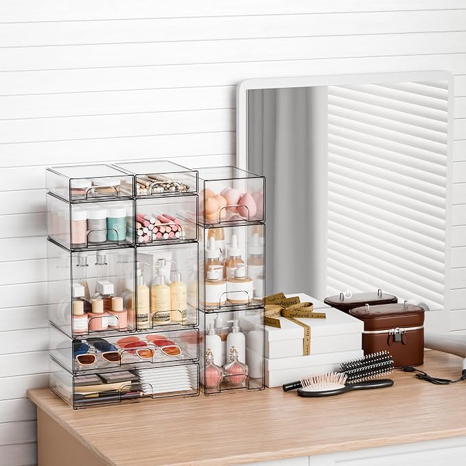 Yieach 2 Pack Clear Stackable Storage Drawers,7.6" H Baby Bottle Organizer,Acrylic Drawer Containers for Cosmetics,Skincare,Beauty Products,Cabinet,Vanity,Kitchen,Under Sink and Bathroom Storage Bins - Image 7