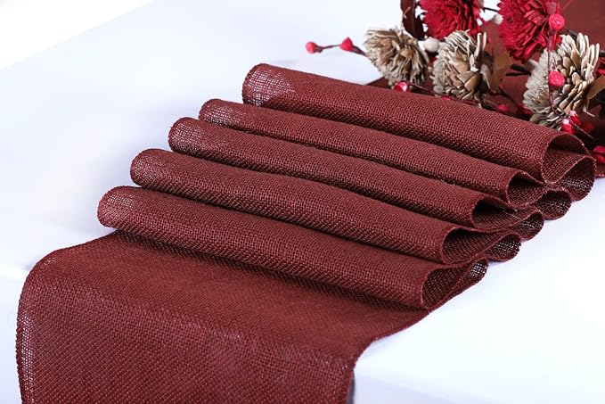 MDS® Pack of 12 Natural Burlap Table Runner, 12 x 108 Inch, Jute Rustic Farmhouse Boho Table Decor for Wedding Reception, Dining Table, Bridal Shower, Baby Shower & Party Decorations - Maroon - Image 2