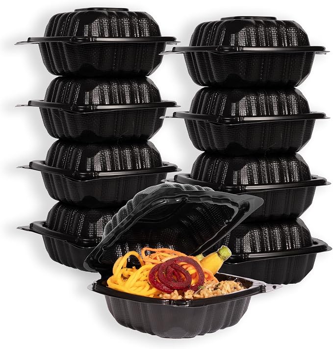 MULMEHË Eco-Friendly Mineral Filled Polypropylene Plastic Hinged Take Out Food Containers, 6x6x3, Vented Single Compartment, Black (250) by MULMEH%C3%8B%C2%AE