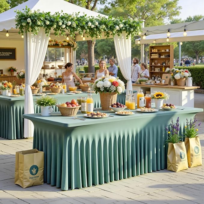 NSSONBEN 2 pk Sage Green Spandex Tablecloth for 8 Foot Rectangle Tables,Wrinkle Free Fitted Spandex Table Covers 8ft Stretch Table Cloths with Ruffle Skirt for Parties Weddings Banquet Baby Shower by ENJOYYOURPARTY