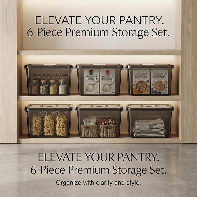 Stackable Plastic Black Storage Bins with Lids 6 Pack, 12 Quart Modular Organizer Boxes with Secure Latches for Closet, Pantry, Office and Small Item Storage - Image 6