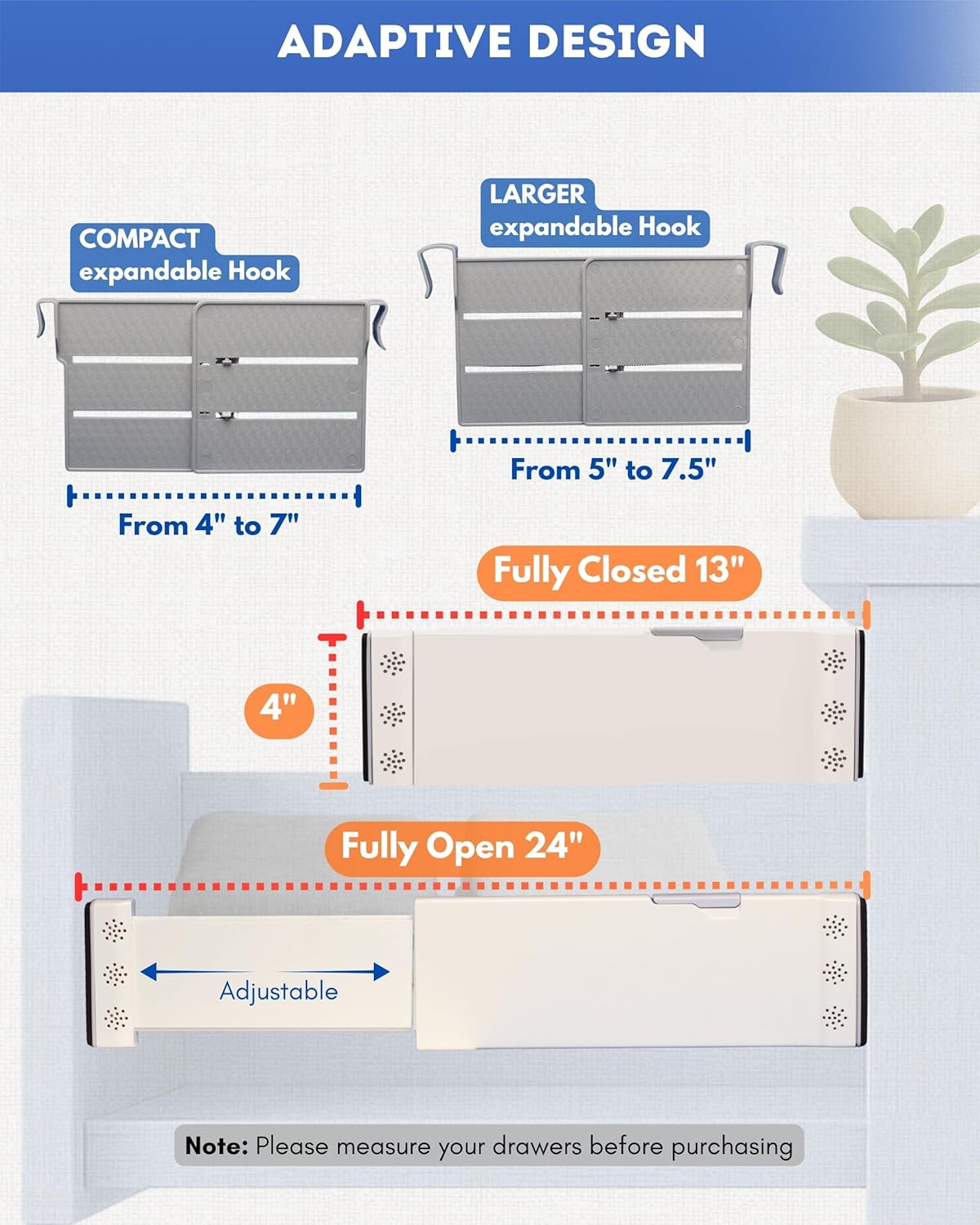 4 Pack Drawer Dividers for Clothes with Scent Slots 4" High, 13-20.4" and 4 Adjustable Hooks, Expandable Dresser Drawer Organizer for Closet, Kitchen, Bathroom, Office