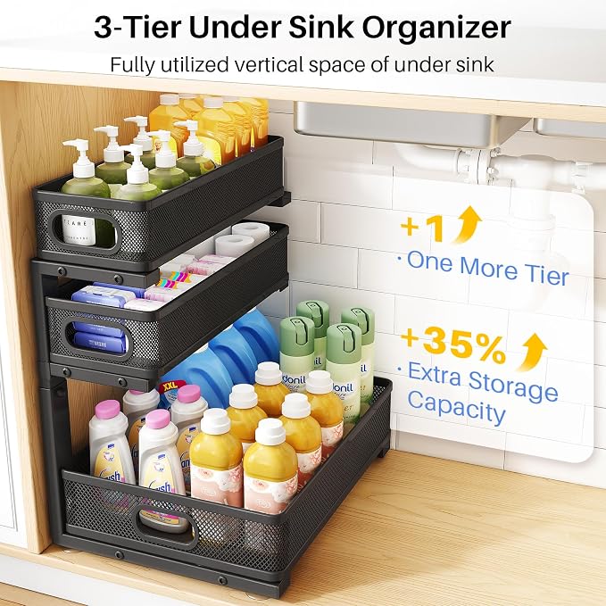 Under Sink Organizer, 3-Tier Thickened Metal Pull out Cabinet Organizer Shelf, Height Adjustable Slide out Storage Drawer Rack for Kitchen Bathroom Pantry Laundry Home Organization, 2-Pack, Black - Image 3