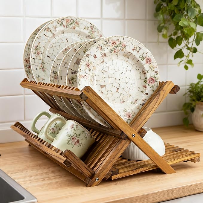 Utoplike Large Teak Dish Drying Rack, Wood Collapsible Organizer for Plates - Image 6