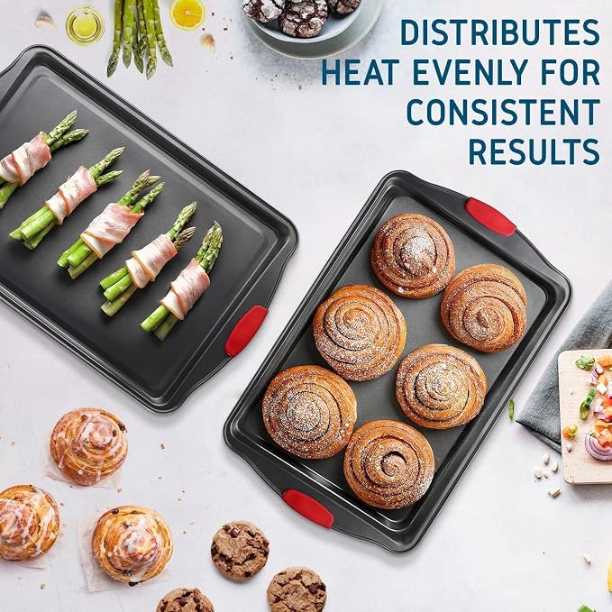 Baking Sheet Set, 2-Piece Cookie Sheet Set with Silicone Handles, Steel Baking Pan, Durable Baking Sheets for Oven, BPA Free Cookie Sheets for Baking Nonstick Set, Premium Sheet Pan, Black Baking Tray | Nonstick Bakeware Sets, Steel, Warp Resistant 450... - Image 7