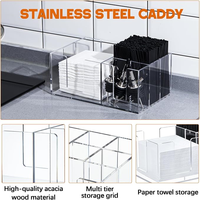 Mifoci Acrylic Bar Caddy with 6 Compartments, Bar Caddy Napkin & Straw Holder Organizer Cocktail Napkin Holder Condiments for Home Office Kitchen Countertop (Clear, 10.6 L x 5.5 W) - Image 3