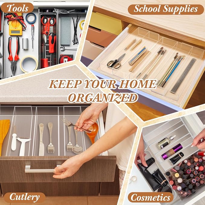 Teenyyou 1 Pack Expandable Kitchen Drawer Organizer Clear Acrylic Utensil Organizer Adjustable Acrylic Silverware Storage for Drawers Silverware Flatware Knives (12 x 16 Inches,3-5 Compartments) - Image 5