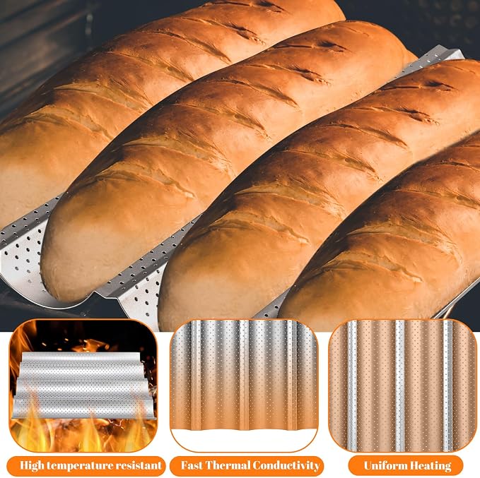 Mifoci 6 Pcs Baguette Bread Pan Nonstick Perforated Baguette Pan 15" x 13" Carbon Steel Mold 4 Wave Loaves Loaf Oven Tray for Sourdough French Bread Baking(Silver) - Image 6