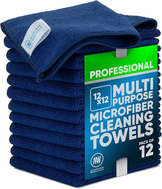 MW PRO Microfiber Cleaning Cloths Dark Blue 12 Pack, 12x12 - Commercial Janitorial Towels & Lint Free Rags - Heavy Duty for Auto Detailing, Glass Windows, Housekeeping & Screens - Washable 300+ Times by MicrofiberWholesale