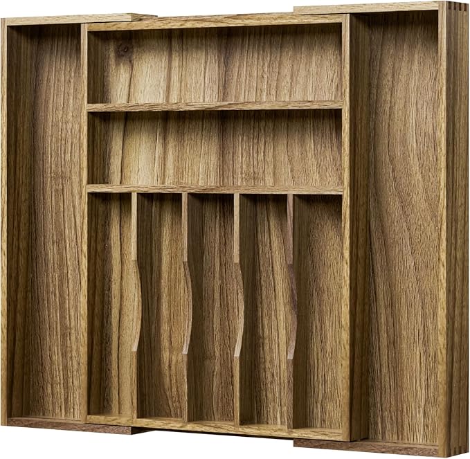 Kiasthome Acacia Wood Kitchen Silverware Drawer Organizer, Expandable Utensil Cutlery Drawer Organizer with Dividers, Flatware Organizer Silverware Tray for Spoon, Fork, 13''-20''x16.9'' (7-9 Slots) by KiasthomeModernFurniture