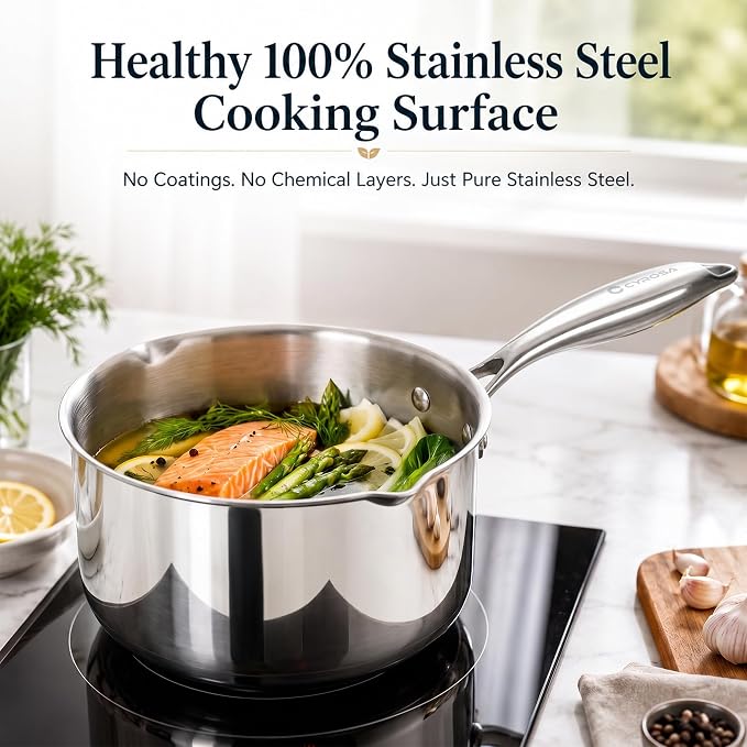 Cyrosa 3.5 Quart Saucepan with Lid, Stainless Steel Sauce Pot with Strainer Lid, Two Side Spouts for Easy Pour with Ergonomic Handle, Dishwasher Safe - Image 2