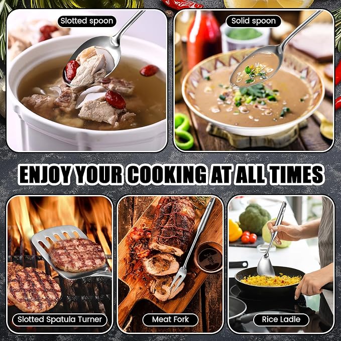 Teenyyou 9 Pcs 304 Stainless Steel Utensils Set with Wood Handle Metal Cooking Tool Spatula, Solid Spoon, Slotted Spoon, Fork, Ladle, Skimmer, Slotted Spatula Spaghetti(Silver,Stainless Steel) - Image 5