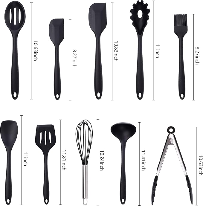 Silicone Kitchen Utensils 10 Piece Cooking Utensil Set, Made of FDA Grade, BPA Free Silicone, Heat Resistant up to 450 Degrees Fahrenheit, Non Stick Stain & Ordor Resistant, Dishwasher Safe - Black - Image 5