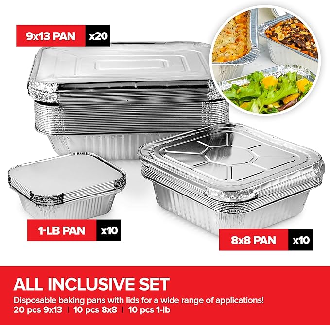 Stock Your Home Disposable Foil Pans with Lids (Set of 40) Heavy Duty Aluminum Pans with Lids (20) 9x13, (10) 8x8, (10) 1-Lb Baking Tins with Covers for Cooking, Heating, Storing, Holiday Dinner Meals - Image 2
