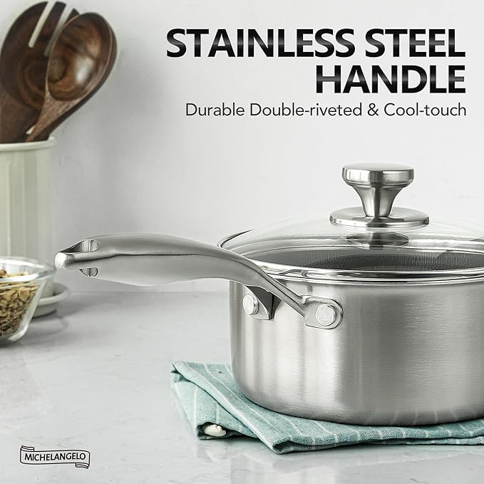 MICHELANGELO Stainless Steel Saucepan Set 1QT & 2QT, Premium Triple Ply Sauce Pan with Lid, Sauce Pot with Honeycomb Interior - 4pcs - Image 5