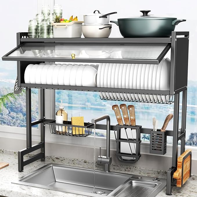 Over The Sink Dish Drainer Drying Rack 3 Tiers with Cover, Keep Kitchen Sink Shlef Organized Space-Saving Dish Drying Rack, Large Stainless Steel Sink Dish Rack for Dishes, Bowls, Cutlery (37.4"w) - Image 2
