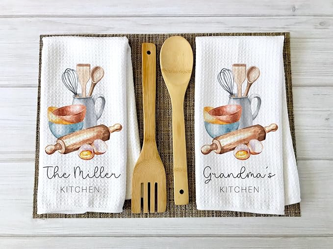 Personalized Kitchen Towel | Custom Tea Towel | Watercolor Utensil Dish Towel | Kitchen Decor | Hand Towel Gift Set | Waffle Weave Dishcloth (Pack of 3 Towels, Design 2) - Image 2