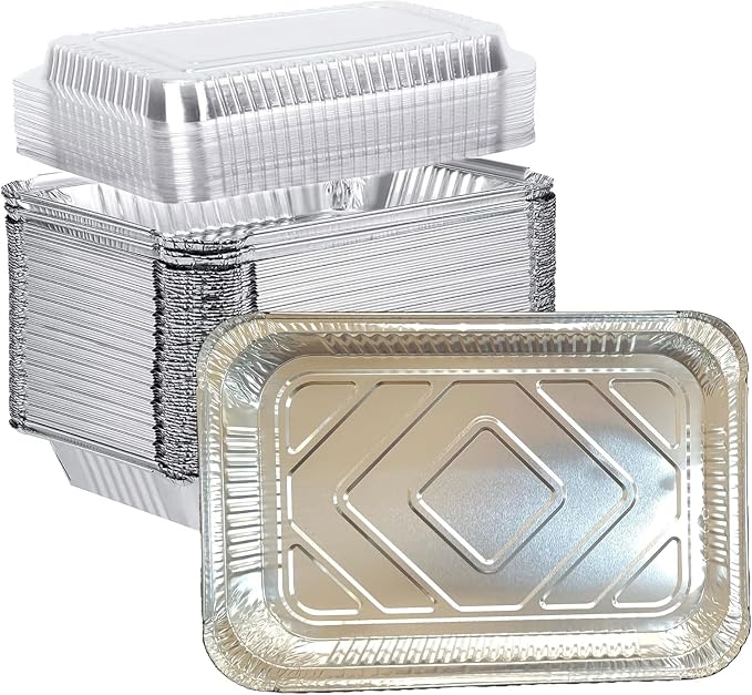 4 LB Foil Pans with Lids 12 x 8 x 1.6” Aluminum Trays and Plastic Dome Lids for Baking, Roasting, Broiling, Or Storage (10 Sets) by BASIDI