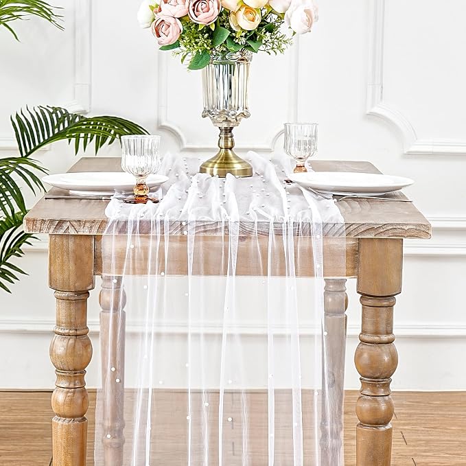 Pearl Gauze Table Runner Pack of 12 Tulle Fabric Lace Boho Sheer Dinner - Image 3