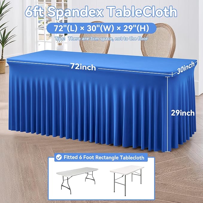 NSSONBEN 2 Pack Royal Blue Spandex Tablecloths 6ft, Wrinkle Free High Stretch Fitted Table Cloths for 6 Foot Rectangle Tables, Ruffle Skirt Spandex Table Covers 6ft for Party Wedding Banquet - Image 6
