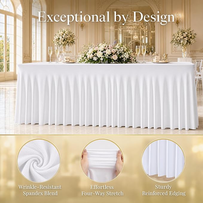 3 Pack White Spandex 6ft Rectangle Tablecloths with Skirts - Image 3