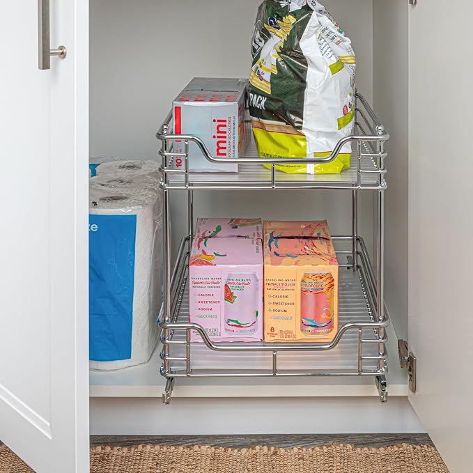 Household Essentials Glidez Chrome-Plated Steel Pull-Out/Slide-Out Storage Organizer with Plastic Liners for Under Cabinet Use - 2-Tier Design - Fits Standard Size Cabinet or Shelf, Chrome - Image 2
