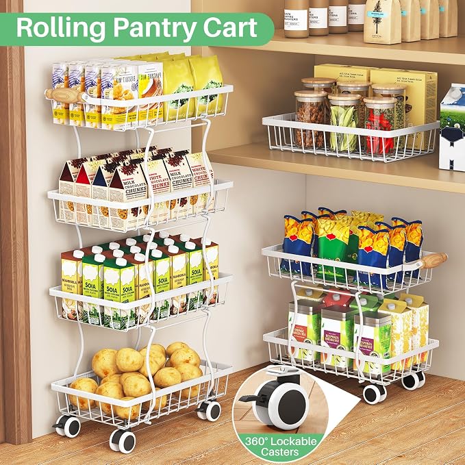 SAYZH 4-Tier Fruit Basket Stand with Vegetable Baskets for Kitchen, White | Stackable Metal Wire Basket, Sturdy Rolling Storage Carts for Kitchen, Pantry Organizer, Snack and Jar Storage - Image 6
