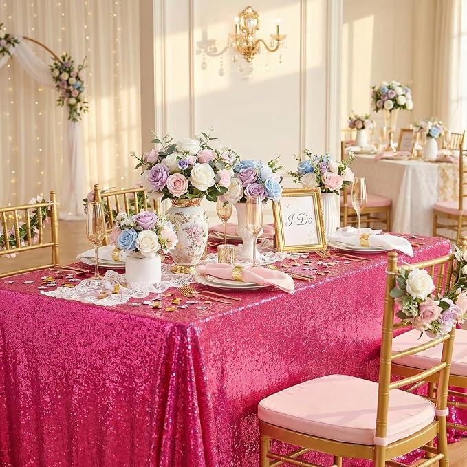 Hot Pink Wedding Sequin Tablecloth 90x156inch Rectangle Glitter Table Cloth - Image 2