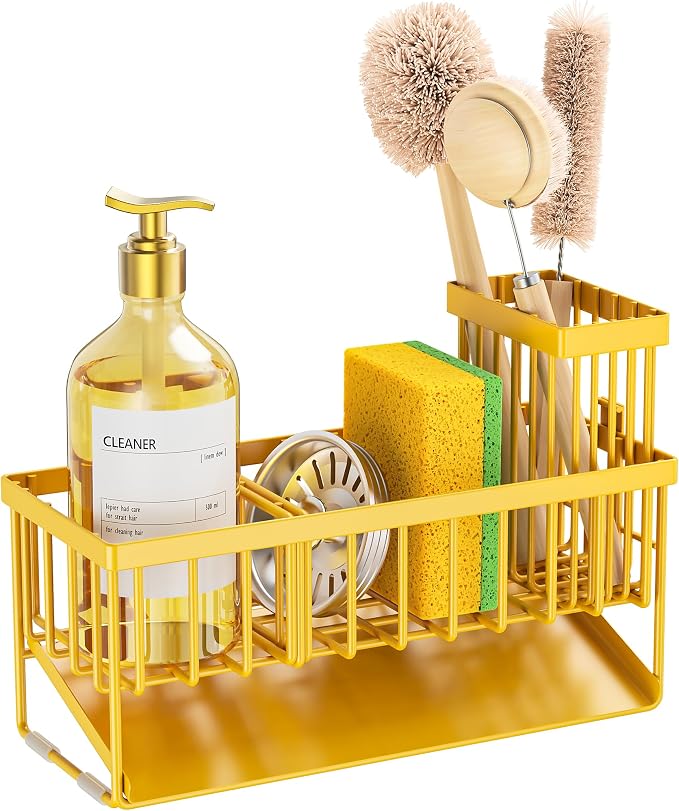 Cisily Lemon Yellow Sink Caddy Organzier with High Brush Holder, Sponge Holder for Sink, 304 Rustproof Stainless, Kitchen Countertop Soap Dispenser Organizer, Lemon Kitchen Decor and Accessories - Image 7