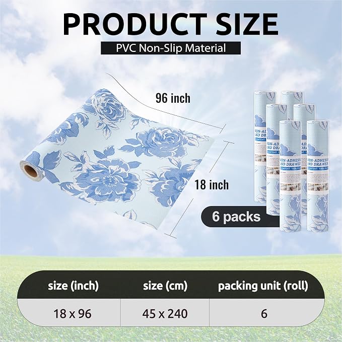 FIFTY FEET 18X96 Inch Shelf Liner for Kitchen Cabinets, PVC Drawer Liner for Dresser Non-Slip Bathroom, Non-Adhesive Cabinet Liner Washable (Blue Flower)(6 Roll) - Image 3