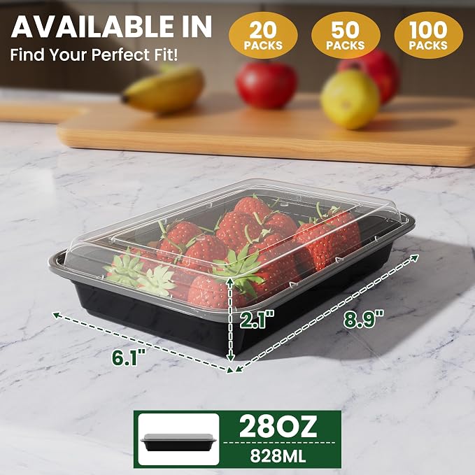 20 Pack 28oz Meal Prep Containers Reusable with Easy Open Lids, Sturdy Leakproof Food Safe, To Go Take Out Plastic Food Storage Containers with Lids, Microwave Freezer Dishwasher Safe, Black - Image 3