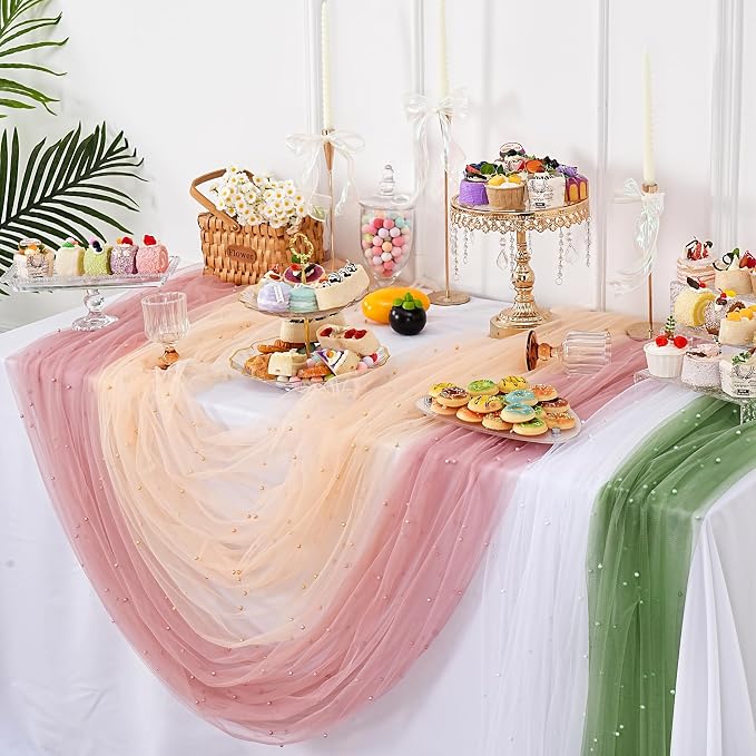 Pearl Table Runner Tulle Lace 10 ft Tulle Table Runners Pearl Sheer Table - Image 5