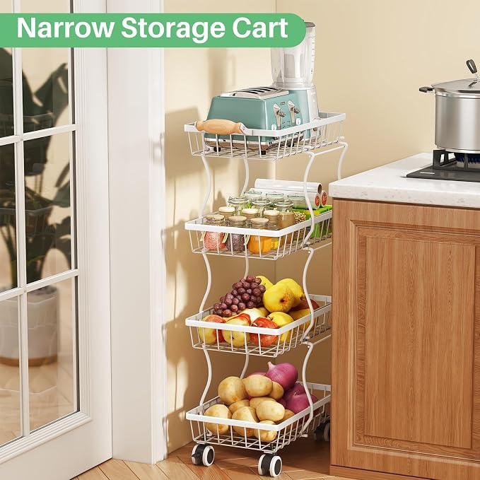 SAYZH 4-Tier Fruit Basket Stand with Vegetable Baskets for Kitchen, White | Stackable Metal Wire Basket, Sturdy Rolling Storage Carts for Kitchen, Pantry Organizer, Snack and Jar Storage - Image 4