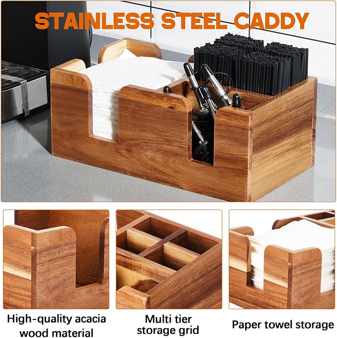 Mifoci 2 Pcs Acacia Bar Caddy with 5 Compartments, Wooden Bar Napkin Holder Organizer Cocktail Straws and Toothpicks Condiments for Home Office Kitchen Countertop(10.6 L x 5.5 W) - Image 3