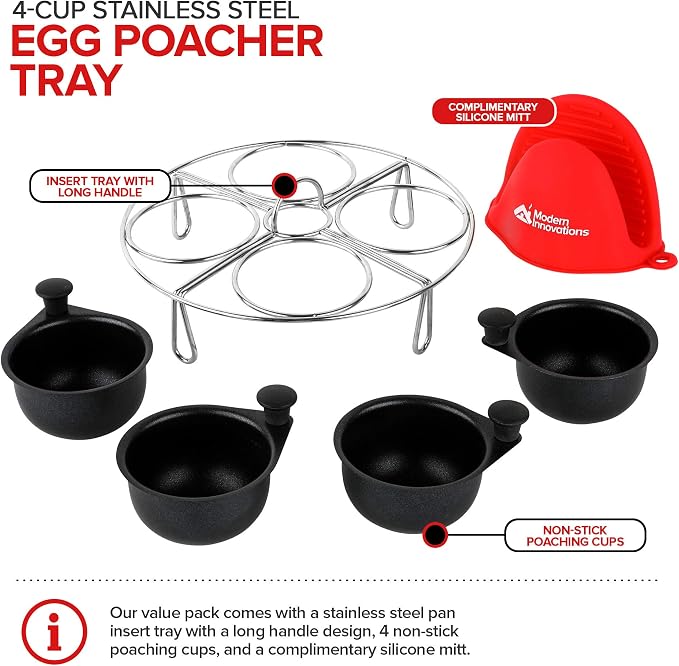 Modern Innovations Stainless Steel 4-Cup Egg Poacher Tray - Complimentary Silicone Mitt - Egg Poacher Insert for Poaching Eggs & Eggs Benedict - Poached Egg Maker Compatible with Most Pans - Image 2