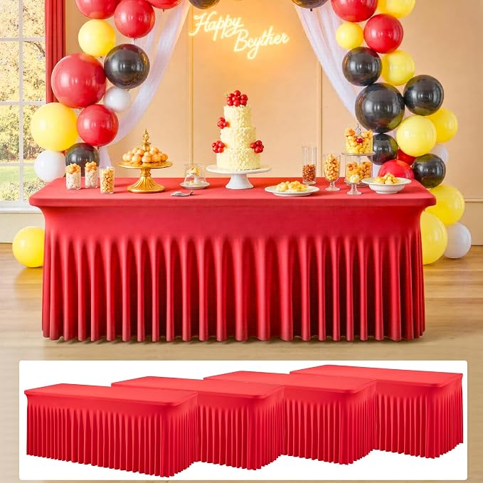 4 pk Red Spandex Tablecloth 6ft with Ruffle Skirt,Wrinkle Free High Stretchy Fitted Tablecloths for 6 Foot Rectangle Tables,Pleated Spandex Table Covers 6ft for Christmas Parties Banquet Weddings by ENJOYYOURPARTY
