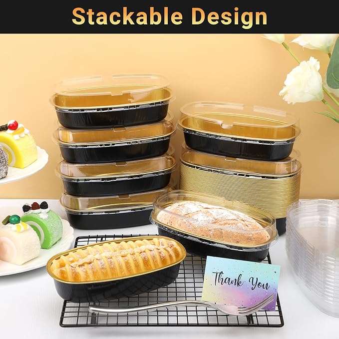 Beasea Mini Loaf Pans With Lids, 6 Inch 50 Pack Oval Cake Pan, Black Golden Disposable Baking Cups, Ellipse Cheesecake Pan Aluminum Pans for Meat Bakeware Oven Baking - Image 5