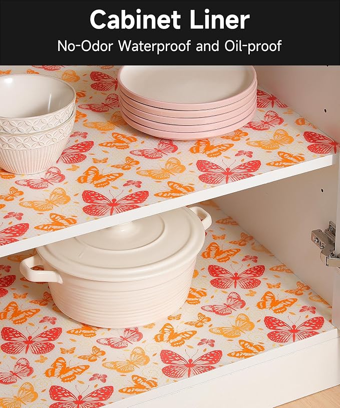 Cooyes Drawer & Shelf Liner for Kitchen Cabinets Non-Adhesive Waterproof Oilproof Reusable Washable Shelf Paper for Refrigerator, Cupboard, Dresser, Easy to Cut (Red Butterfly, 17.5" W x 78.7" L) - Image 6